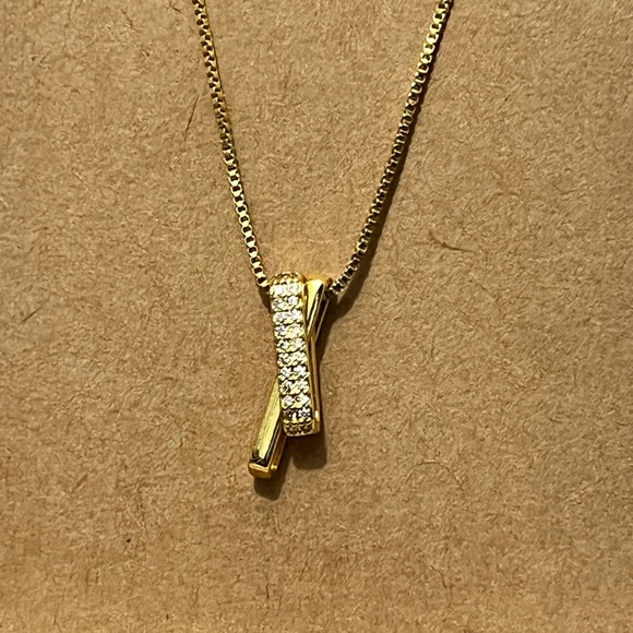 Jewelry - Gold‎ Tone Interlocking Bar Pendant Necklace with Pavé Crystals Box Chain